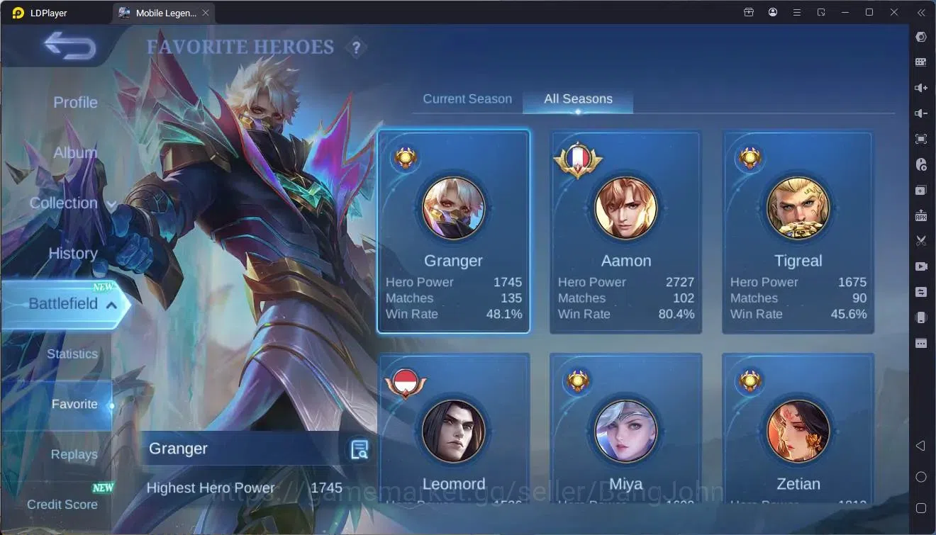 Mobile Legends: Bang Bang Accounts Collector Global |Hero 76|Skin 77|Seasoned|Prime Granger|Spongebob Cyclops|M7 Granger|9th 4