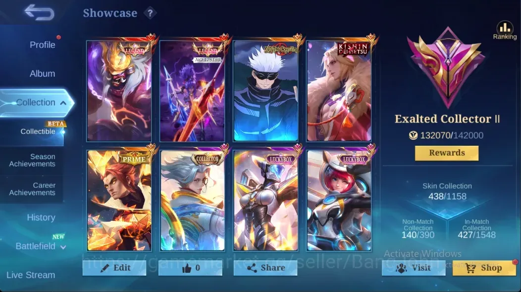 Mobile Legends: Bang Bang Accounts Collector Global|438 Skin|Exalted|LEGEND Franco + Fanny,JJK Xavier,Kinshin 1