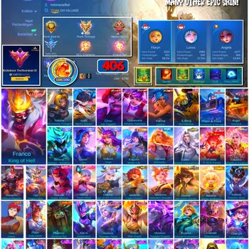 Mobile Legends: Bang Bang Accounts 🔥 #4073 🔥 💎 Ex Mythical Immortal 425 Stars 👑 406 Skins ⚔️ Legend Franco King of Hell