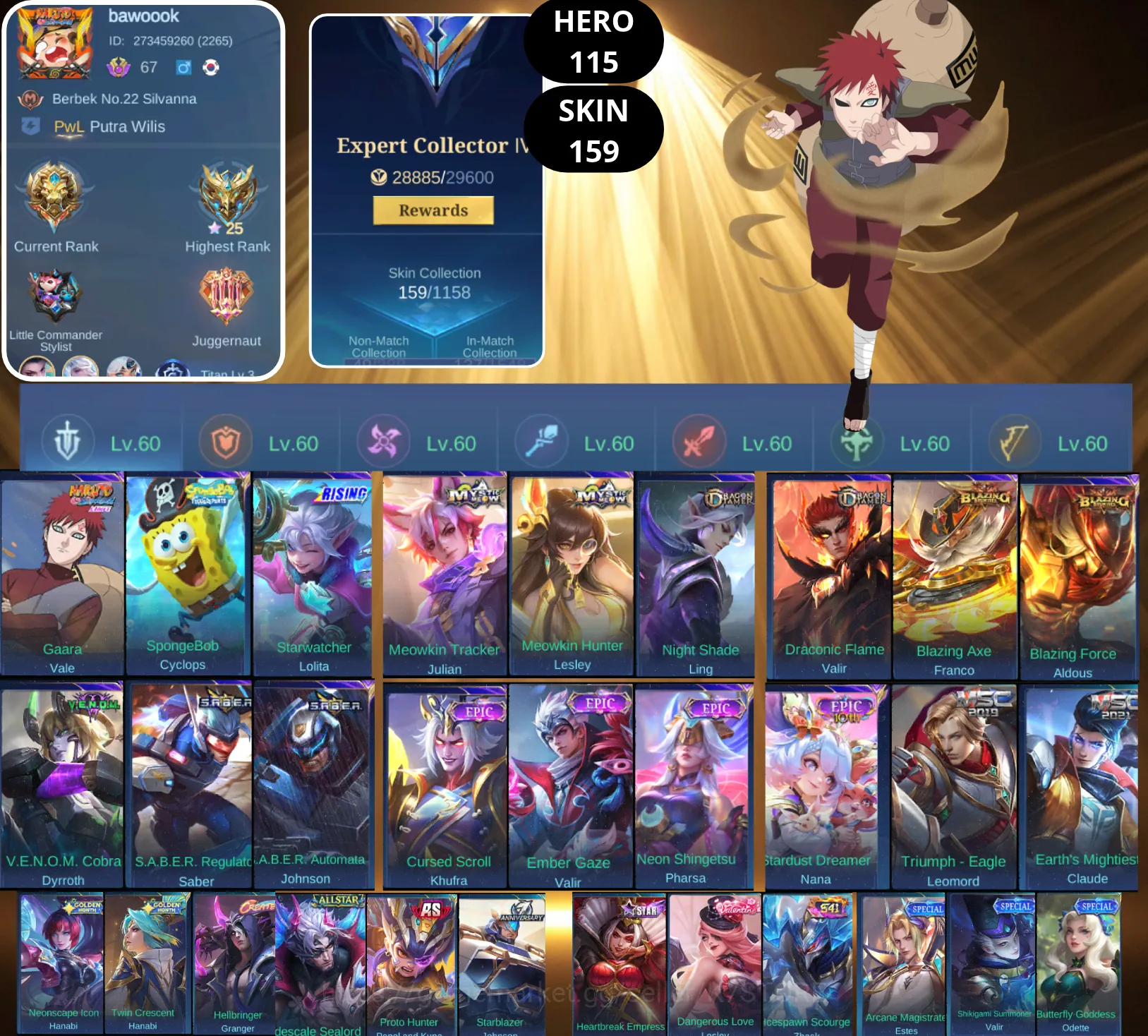 Mobile Legends: Bang Bang Accounts Smurf BEST OFFER | HERO 115 | SKIN 159 | VALE NARUTO | CYCLOPS SPONGEBOB | LOLITA RISING 1