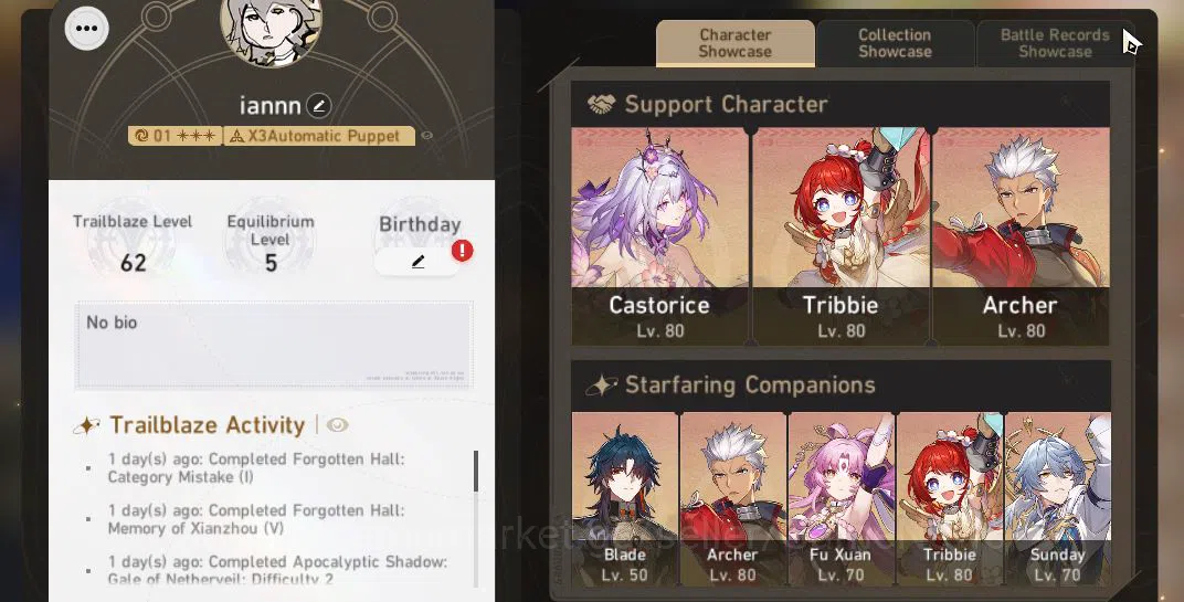 Honkai Star Rail Accounts Mid Game ASIA |TL 62|6 Limited |[Archer+Sign,Castorice,3B,Sunday,Cerydra,Dan HengPT]|MC 2