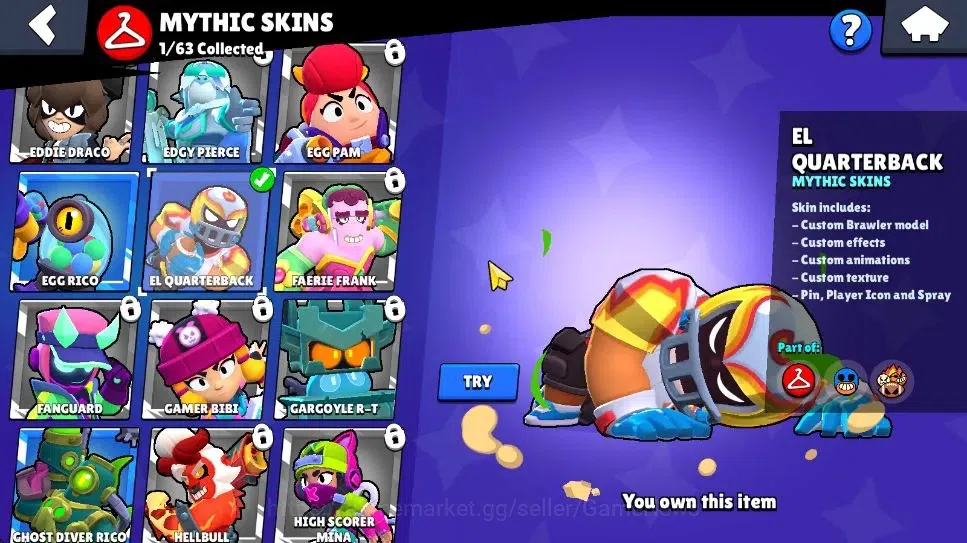 Brawl Stars Accounts 1017 Trophy|5593 Bling|16 Brawlers 1 Max Lvl [Colt,Emz] 1 Myth [El Quarterback] 1 Epic Skin 1 Super 12