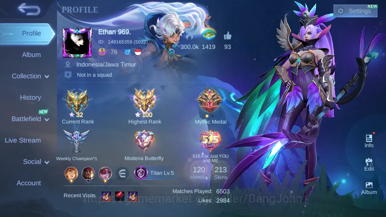 Hero 118 | skin 213 | emblem all max | renowed collector 3 | wr 54 % ex immo 100 magic core 116 ML677B Mobile Legends: Bang Bang Others Hero 118 | skin 213 | emblem all max | renowed col image 1