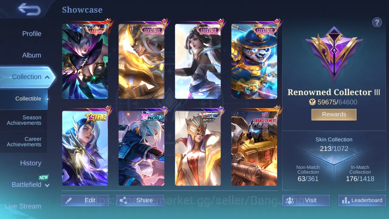 Mobile Legends: Bang Bang Accounts Others Hero 118 | skin 213 | emblem all max | renowed collector 3 | wr 54 % ex immo 100 2