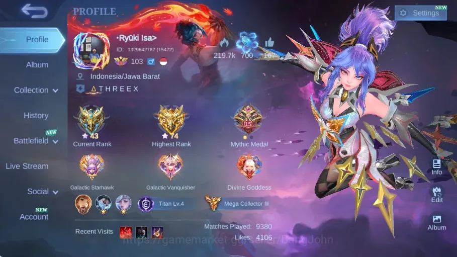 Mobile Legends: Bang Bang Accounts Collector Global|Skin 512|Mega|Legend Fanny+Freya+Lunox,Aspirant 4(Vexana),DUCATI 1