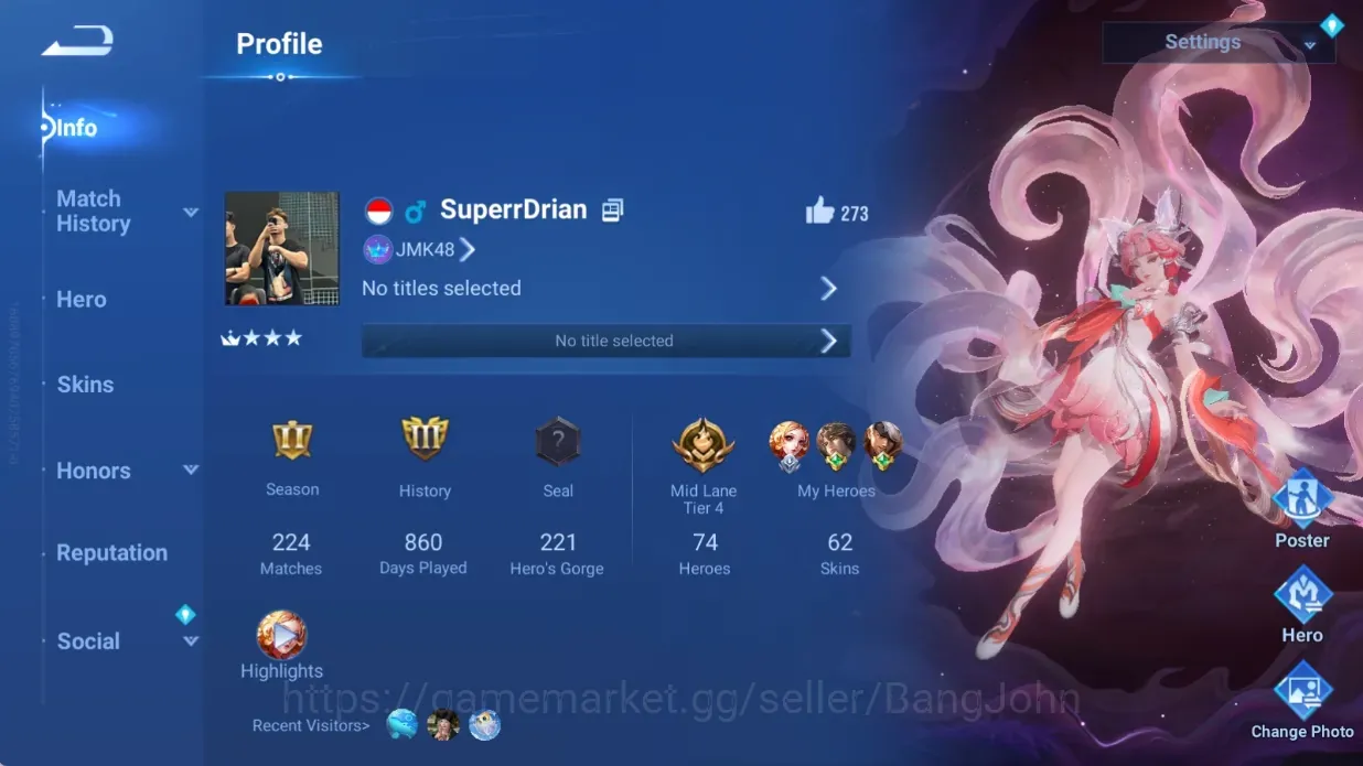 Honor of Kings Accounts Rare Skin Global|74H 62S|Flawless Daji|LNY24 Sun Ce&Da Qiao|Legend Consort Yu|Seiya Dharma|14++ Epic 1