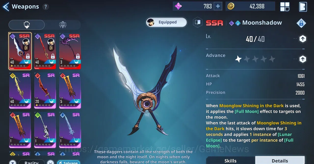 Solo Leveling: ARISE Accounts 7 SSR | (Moonshadow A1, Plum, Scythe) Cha Hae+Weap, SeoJiwoo A1+Weap, SilverMane+Weap, Choi 6