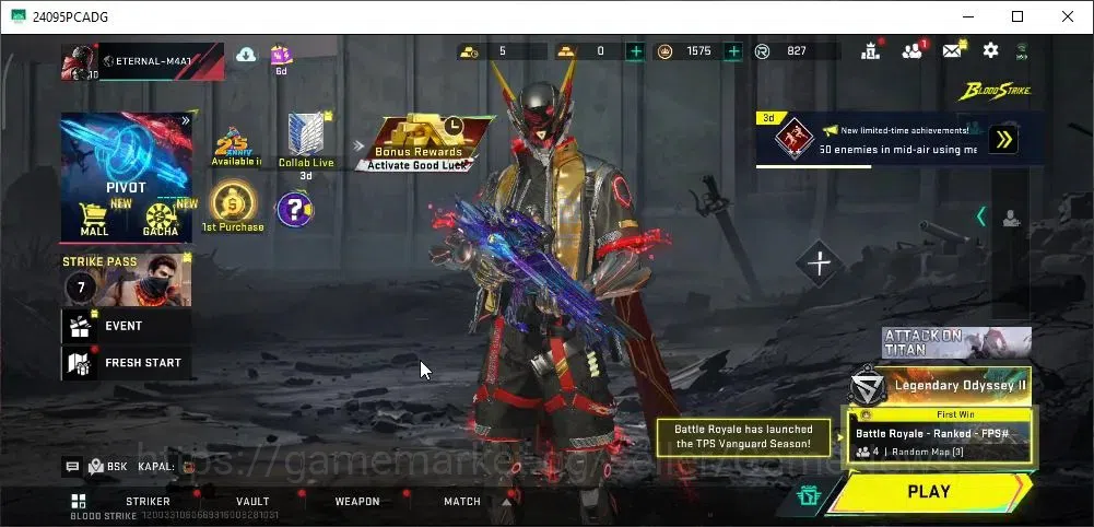 Blood Strike Accounts Collab Skin ASIA|ETERNAL M4A1 Blight Embrace|Collab AOT M4A1 Battle of Faith|Ultra Raid Mask|Legend 1