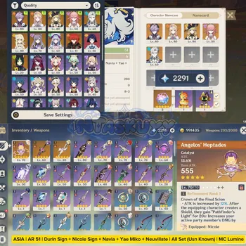 Genshin Impact Accounts Mid Game ASIA | AR 51 | Durin Sign + Nicole Sign + Navia + Yae Miko + Neuvillate | All Set | MC