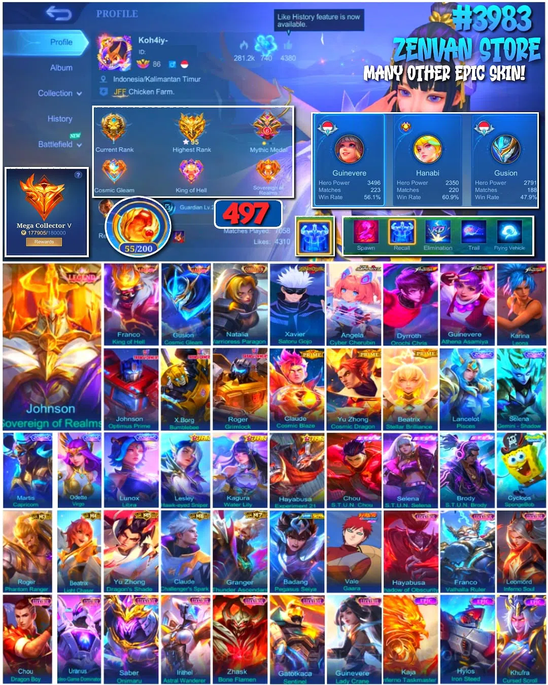 Mobile Legends: Bang Bang Accounts 🔥 #3983 🔥 497 Skins 💎 MEGA COLLECTOR V 👑 Legend Franco King of Hell ⚔️ Legend Gusion 1