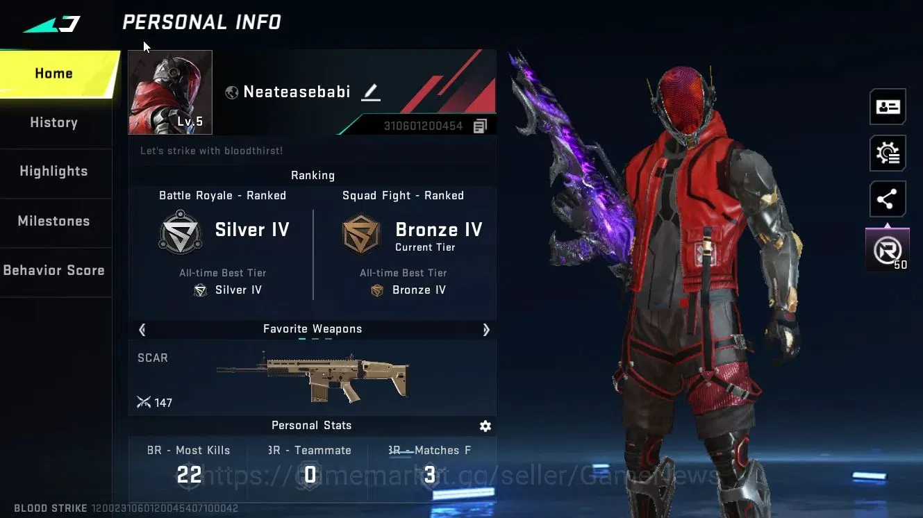Blood Strike Accounts Collab Skin ASIA|ETERNAL QBZ95-Whisper Lv3|Legendary MCX-Radiance|Rare Playpal Meow|Change Namecard|BR 2