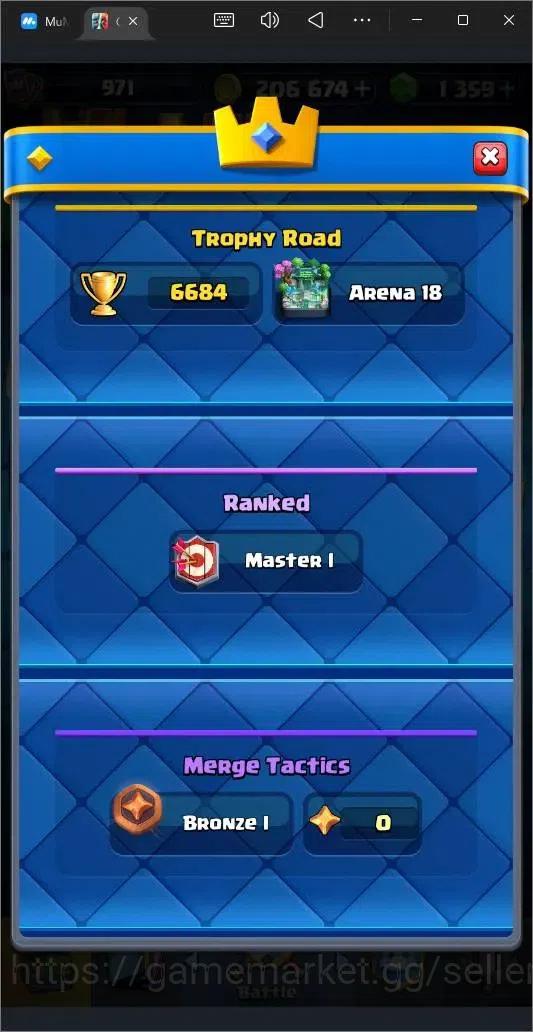 Clash Royale Accounts High-End Global |CL 971|KTL 12|Trophy 6684|116 Cards|4 Champ|3 Hero|7 Evo|Arena 18|1359 Gems|206k 4