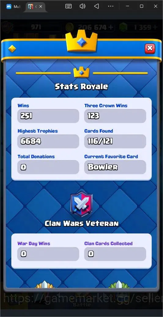 Clash Royale Accounts High-End Global |CL 971|KTL 12|Trophy 6684|116 Cards|4 Champ|3 Hero|7 Evo|Arena 18|1359 Gems|206k 5