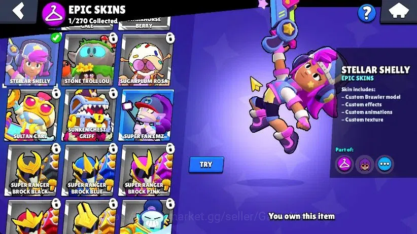 Brawl Stars Accounts 1002 Trophy|128 Gem|16 Brawlers 4 Max Lvl [Mortis,Edgar,Nita,Shelly]|1 Epic Skins [Stellar Shelly]|CN 6