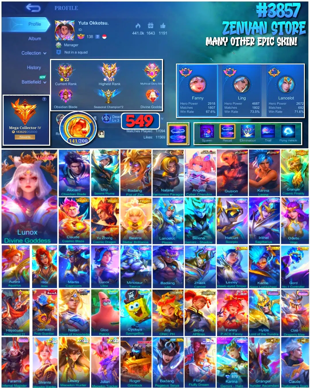 Mobile Legends: Bang Bang Accounts #3857 549 Skins | Legend Lunox & Alucard | Collect image 1