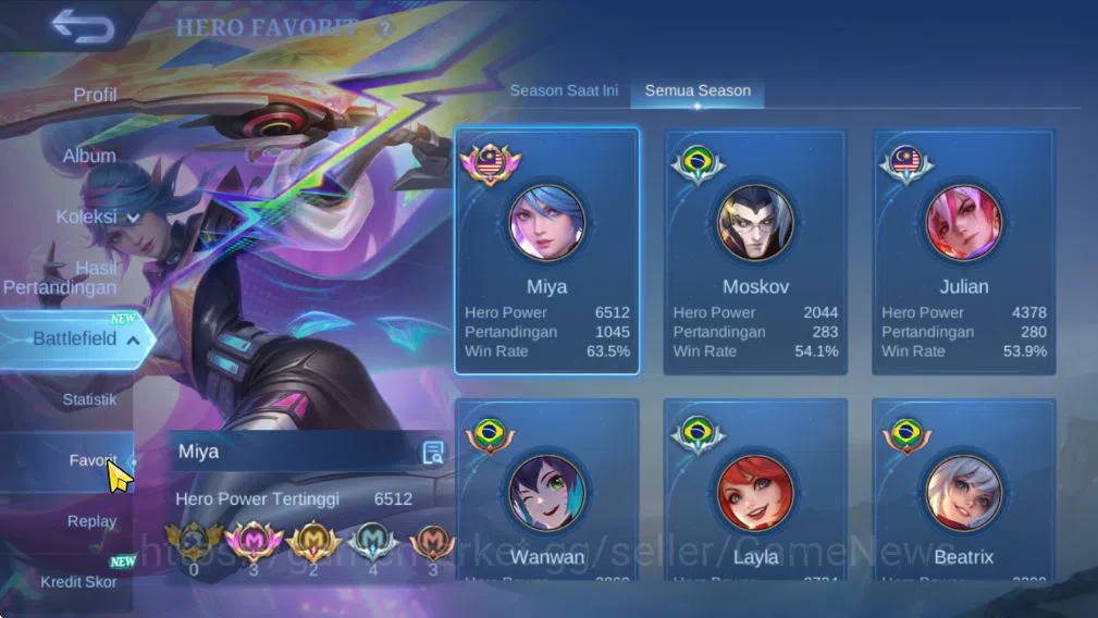 Mobile Legends: Bang Bang Accounts Collector Hero120|Skin 224|High Glory90|Claude[Prime],Nolan[Nexus],Haya Star 6