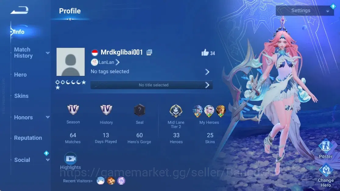 Honor of Kings Accounts Rare Skin Global|33H 25S|3 Legend:Butterfly,Arthur,Angela|Limited Daji|Worldly Haya|4 Epic 1