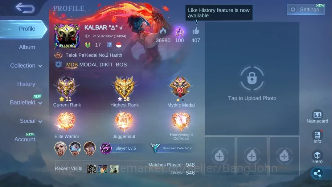 Mobile Legends: Bang Bang Accounts Others Global | 59 Hero 52 Skin | Seasoned |LB: Harith,Granger|DT:Estes,Valir|Epic 1