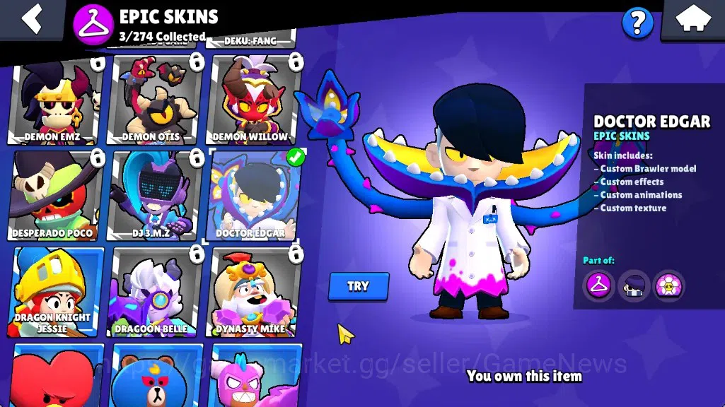 Brawl Stars Accounts 386 Trophy|10 Brawlers 1 Max (Edgar)|7k Bling 3k PP|1 Legendary (Mecha Edgar),1 Mythic (Gridiron 11