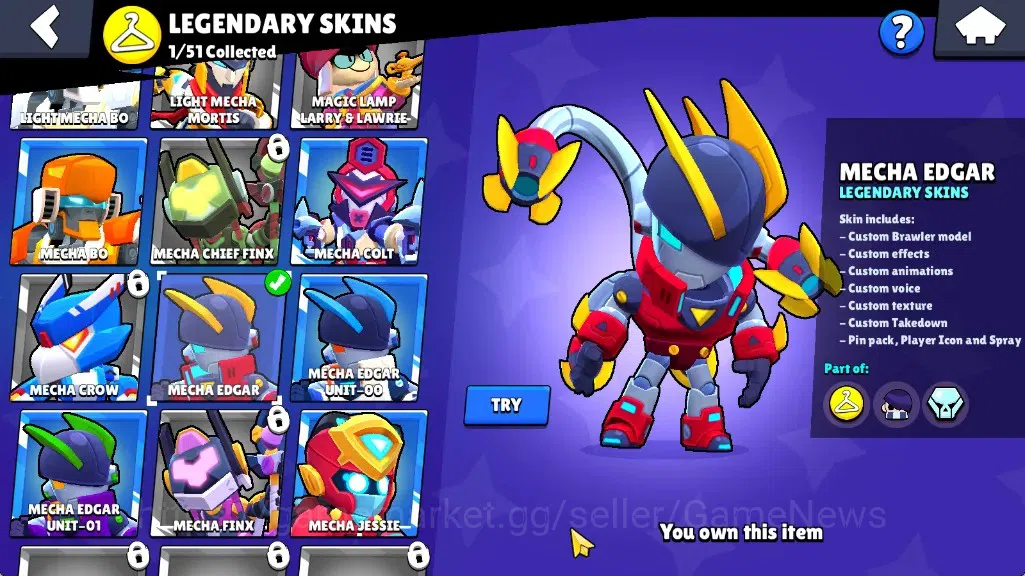Brawl Stars Accounts 386 Trophy|10 Brawlers 1 Max (Edgar)|7k Bling 3k PP|1 Legendary (Mecha Edgar),1 Mythic (Gridiron 9