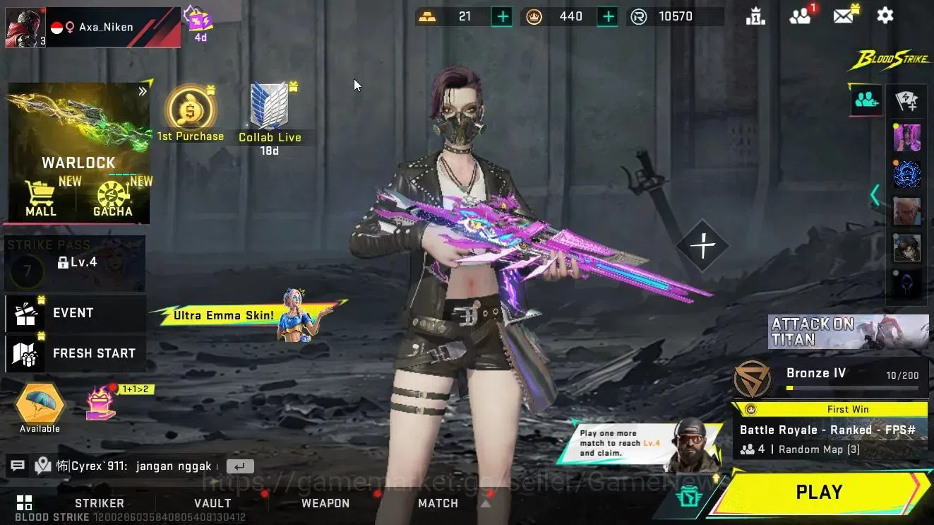 Blood Strike Accounts Collab Skin ASIA|ETERNAL Galil-Blight's Embrace Lv3|Collab AOT Emote-Throne|Legendary [MP5 1