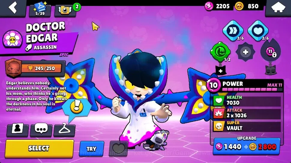 Brawl Stars Accounts 1005 Trophy | 13 Brawlers 2 Max Lv (Shelly,Poco) | 1 Epic Skin [Doctor Edgar] | CN ON | 3950 Bling 850 10