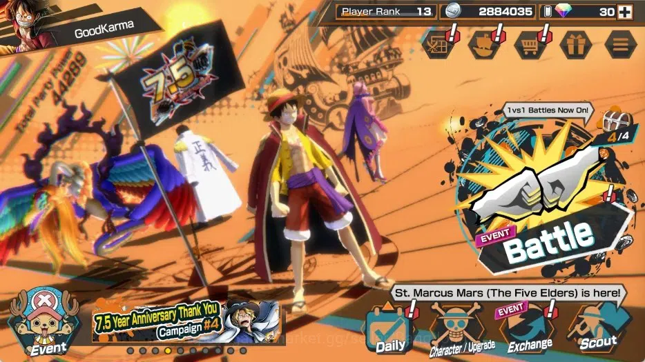 One Piece Bounty Rush Accounts High-End Global | EX 4 | 2 Max | PR 13 | Gol D. Roger,Zephyr,St. Marcus Mars Max,Monkey D 1