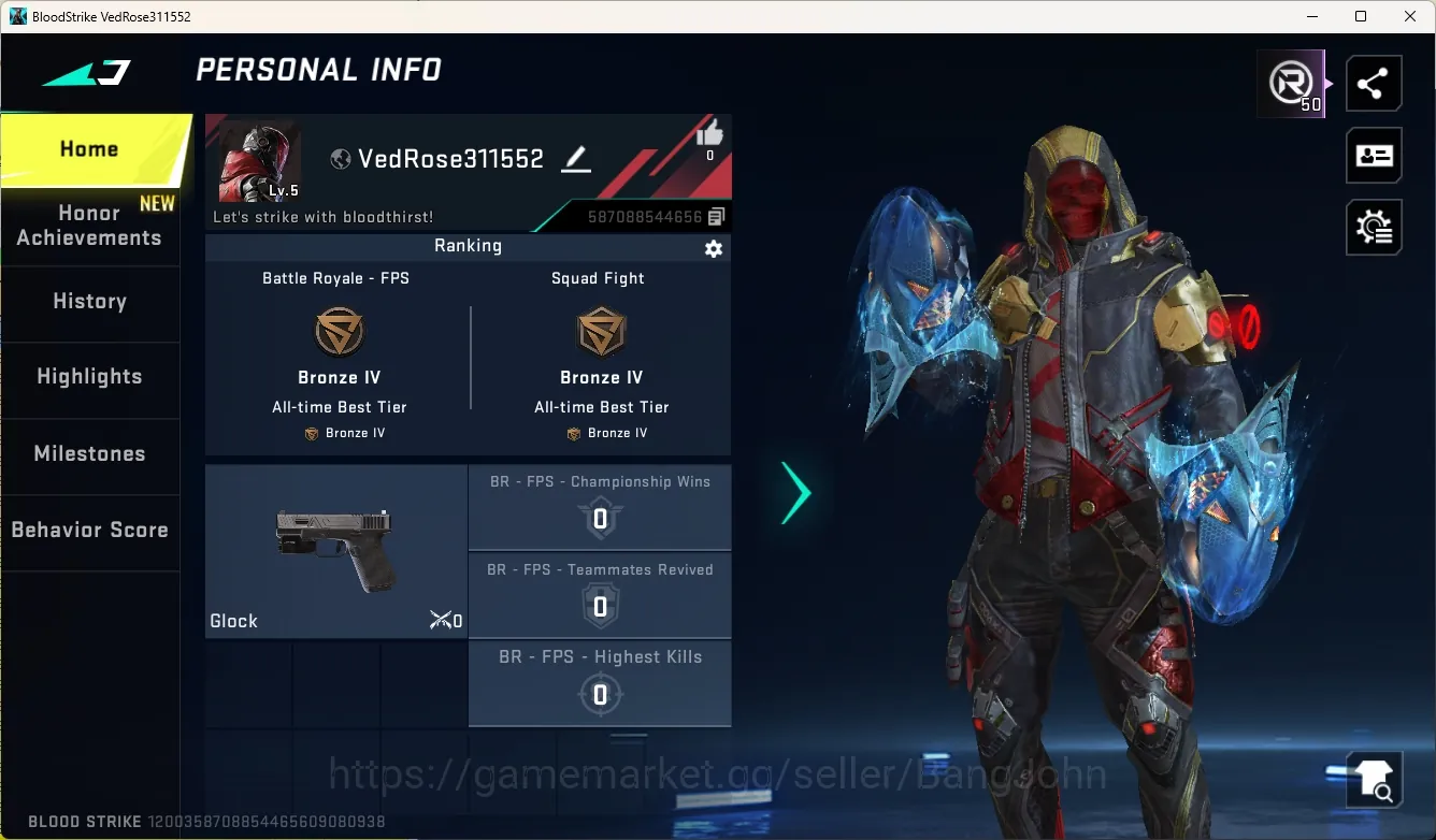 Blood Strike Accounts Starter ASIA|Ultra Melee:Katar-Selachian|5 Legendary Gun|Ultra Striker:Ethan-Darkwalker|1 1
