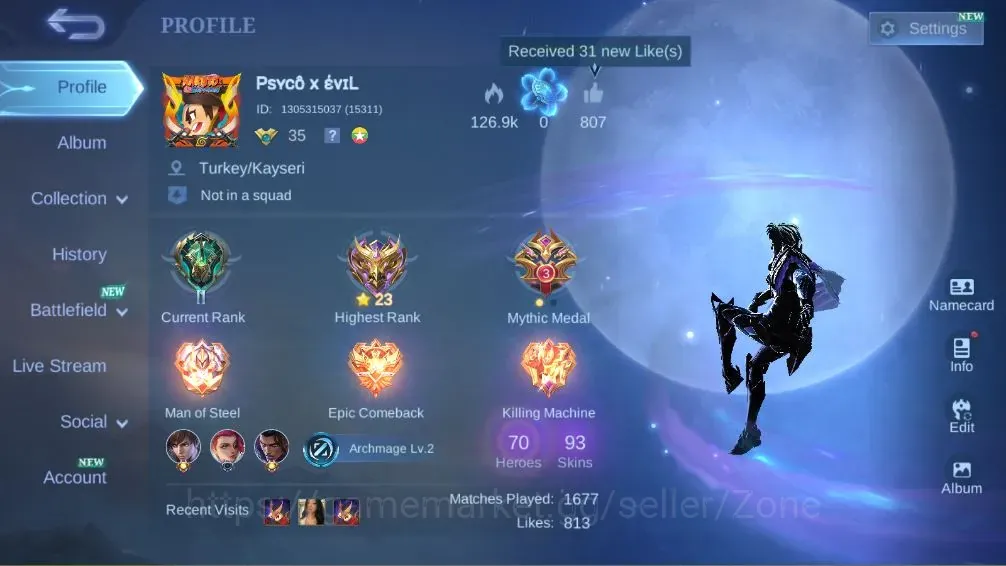 Mobile Legends: Bang Bang Accounts Collector Hero 70|Skin 93|Seasoned|Collector Gusion|Lborn Alucard|Blazing Layla|Naruto 1