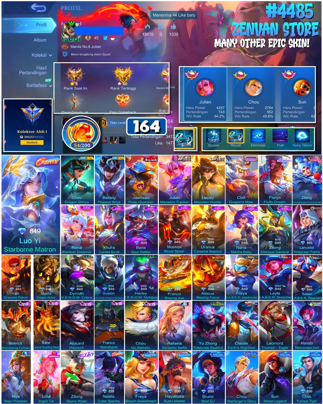 Mobile Legends: Bang Bang Accounts #4485 164 Skins | Badang Pegasus Seiya (SAINT SEIYA) | Chou Dragon Shiryu (SAINT SEIYA 1
