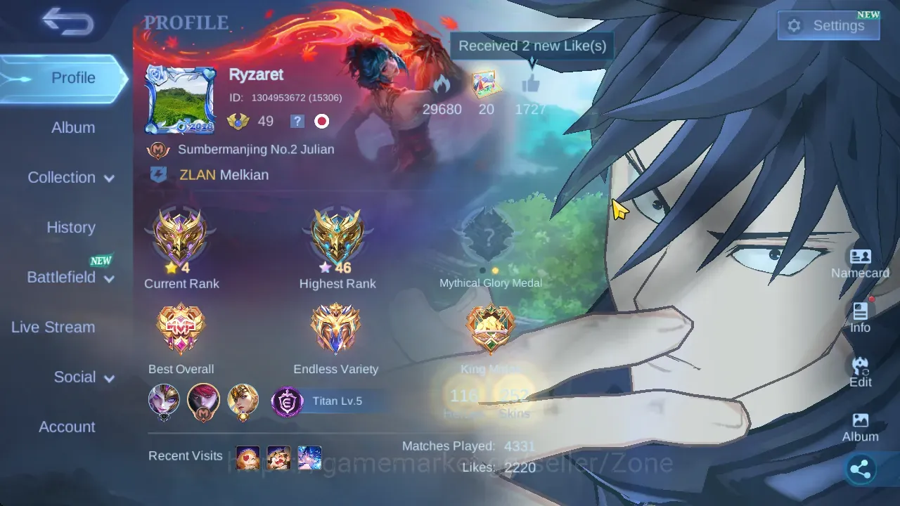 Mobile Legends: Bang Bang Accounts Others Hero 116|Skin 252|JJK Julian|Naruto Julian+Suyou|Aspi Angela|LB 1