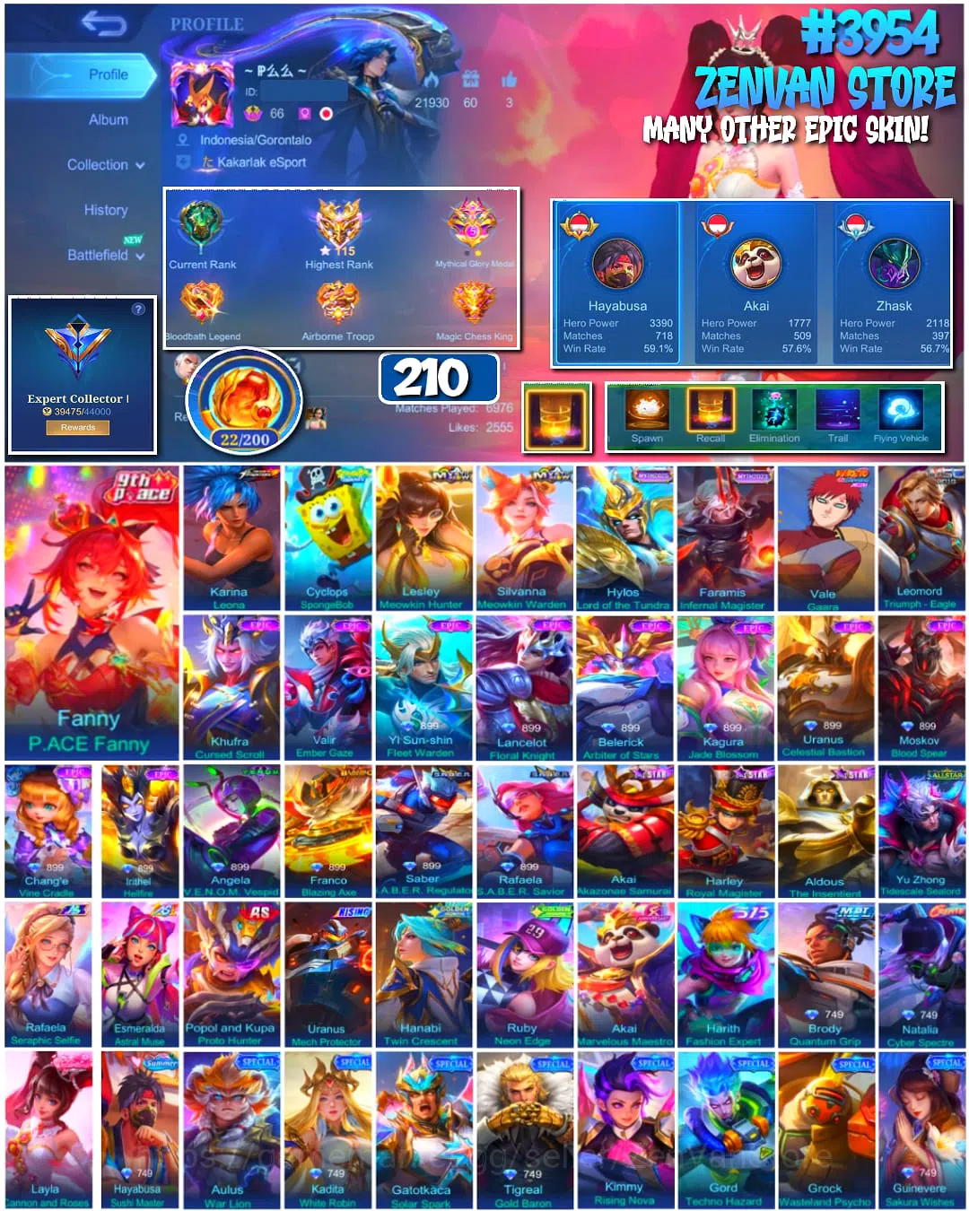 Mobile Legends: Bang Bang Accounts #3954 | 210 Skins | KoF Karina | SpongeBob | Gara | Many Epic | Safe Account 1