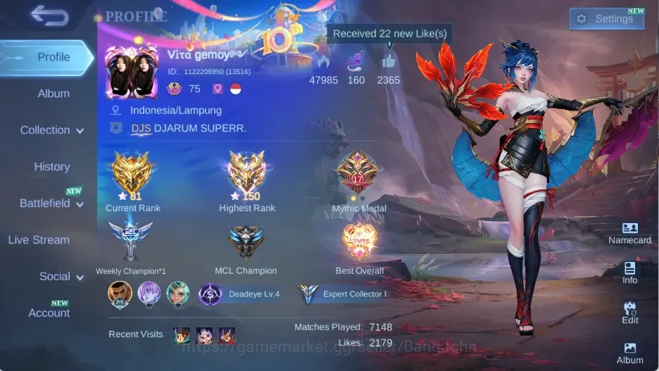 Mobile Legends: Bang Bang Accounts Collector Global|Skin 219|Expert|Collec: Karina|BLZ: Franco,Layla|Valentine 1