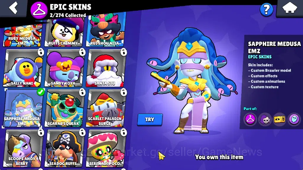 Brawl Stars Accounts 709 Trophy|16 Brawlers 1Max|5k PP 2k Bling|2Mythic(GridironOtis,PoopSpike),2Epic(SapphireMedusa 12