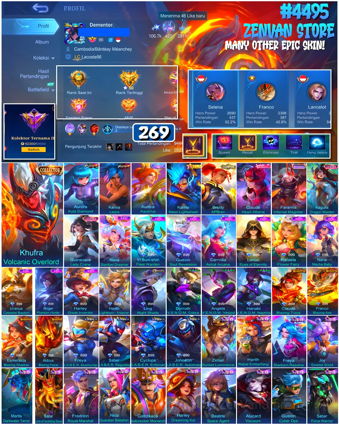 Mobile Legends: Bang Bang Accounts #4495 269 Skins | Aurora Kula Diamond (KOF) | Karina Leona (KOF) | Khufra Volcanic 1
