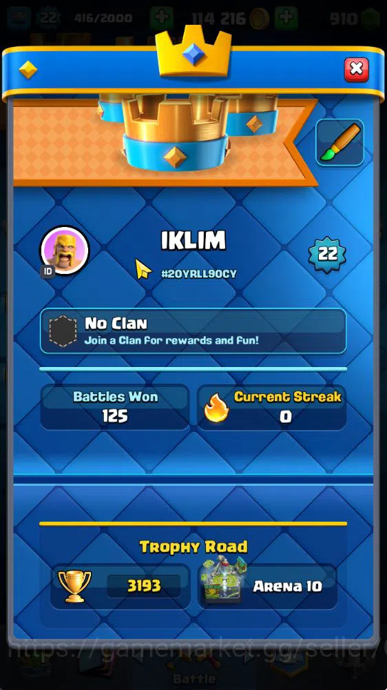 Clash Royale Accounts Starter Lvl 22|Trophy 3193|Starter Limited Skin|KTL 9|Card 66| 2 EVO 17 Epic,24 Rare,25 Common|Take 2