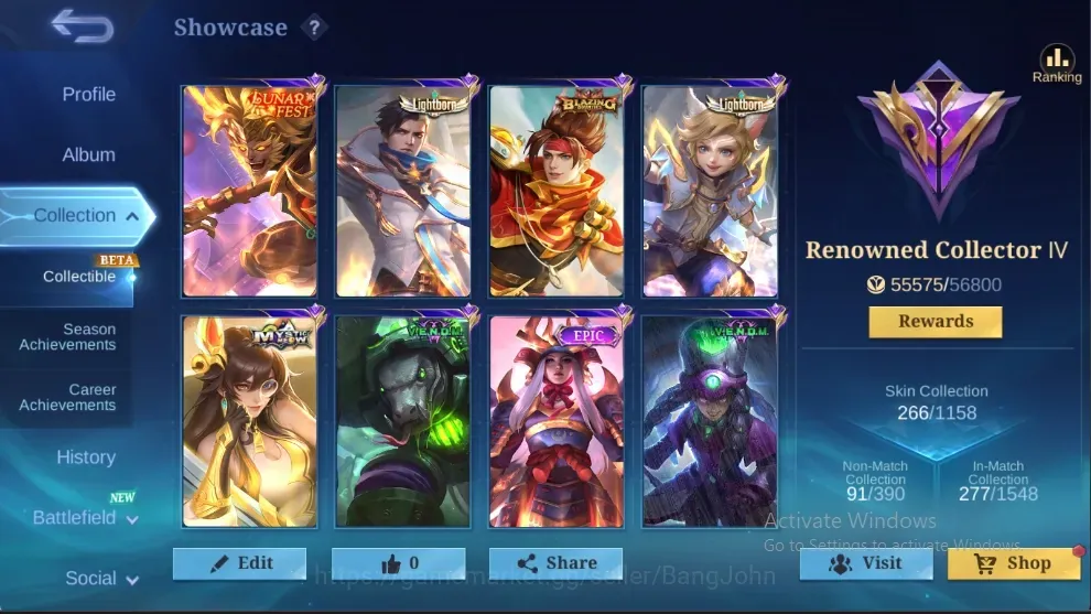 Mobile Legends: Bang Bang Accounts Collector Global|Skin 266|Renowned|Collector Natalia|PACE Fanny|LB: Tigreal,Harith|Lunar 1