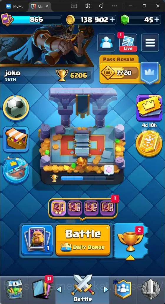 Clash Royale Accounts Midgame Global |CL 866|KTL 11|Trophy 6206|96 Cards| 3 Champ|1 Hero|5 Evo|Arena 17|138k Gold|45 Gems 1