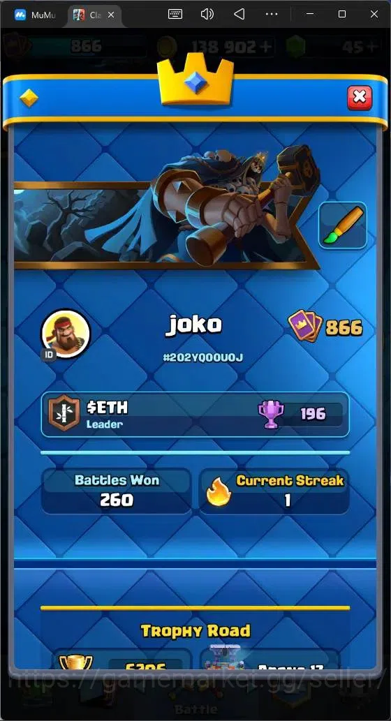Clash Royale Accounts Midgame Global |CL 866|KTL 11|Trophy 6206|96 Cards| 3 Champ|1 Hero|5 Evo|Arena 17|138k Gold|45 Gems 15