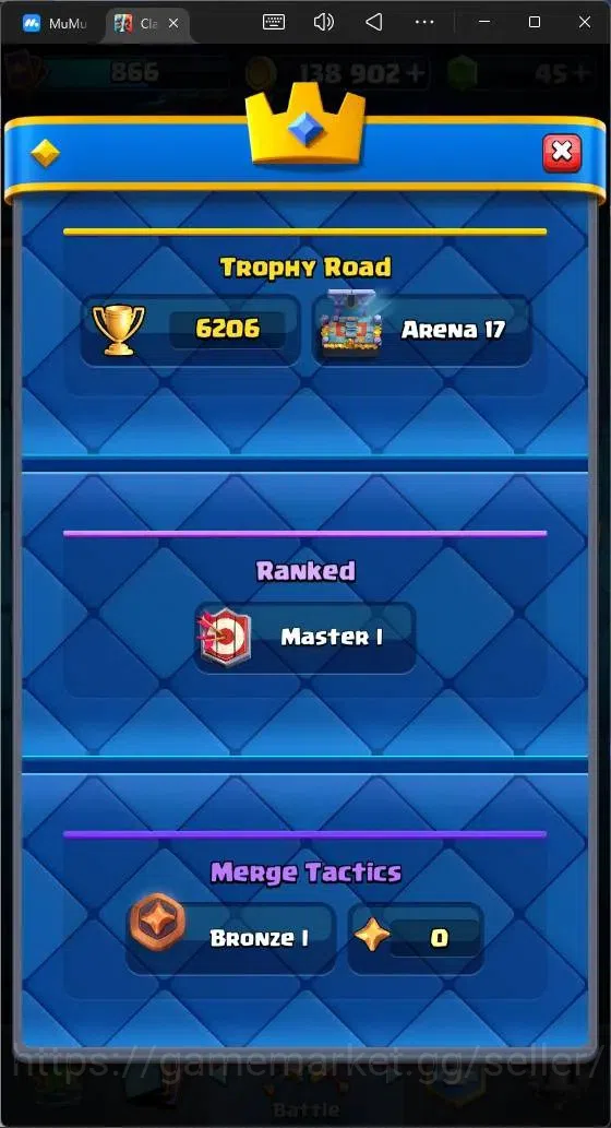 Clash Royale Accounts Midgame Global |CL 866|KTL 11|Trophy 6206|96 Cards| 3 Champ|1 Hero|5 Evo|Arena 17|138k Gold|45 Gems 16