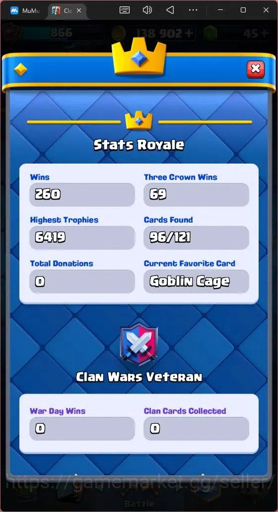 Clash Royale Accounts Midgame Global |CL 866|KTL 11|Trophy 6206|96 Cards| 3 Champ|1 Hero|5 Evo|Arena 17|138k Gold|45 Gems 17