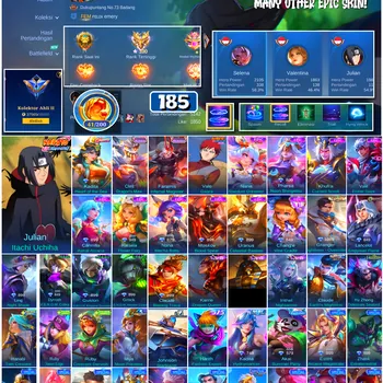 Mobile Legends: Bang Bang Accounts #4539 185 Skins | Julian Itachi Uchiha (NARUTO) | Vale Gaara (NARUTO) | Carmilla Astral
