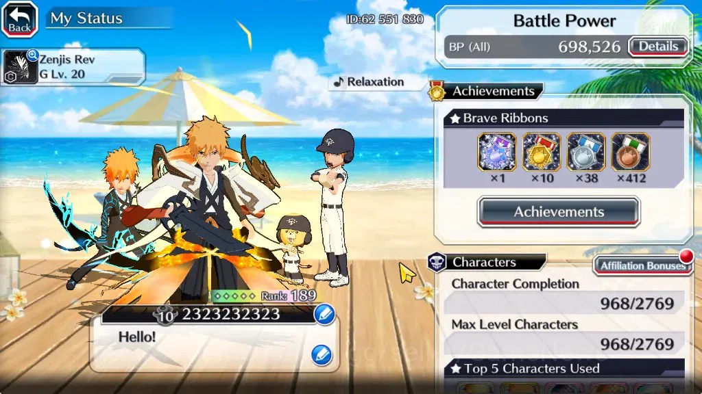 Bleach: Brave Souls Accounts Mid-Tier [GLOBAL]|52K Orb|Swimsuit26 Giselle&Orihime,DT Ichigo,Santa Society 2