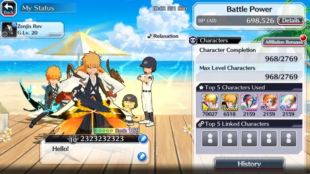 Bleach: Brave Souls Accounts Mid-Tier [GLOBAL]|52K Orb|Swimsuit26 Giselle&Orihime,DT Ichigo,Santa Society 3