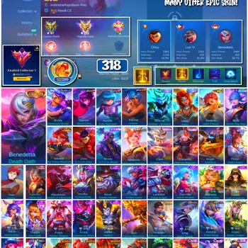 Mobile Legends: Bang Bang Accounts 🔥 #4112 🔥 💎 318 Skins 👑 Collector Benedetta Death Oath ⚔️ Exalted Collector V ⭐ KOF