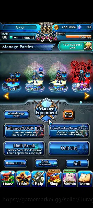 Grand Summoners Accounts Starter Global|Rank 88|18 Ascend |[WHfenTW,DLS RimuruTW,SaberAlterTW,Etc]Mira,Chloe,Milim,Etc|Lpot 5