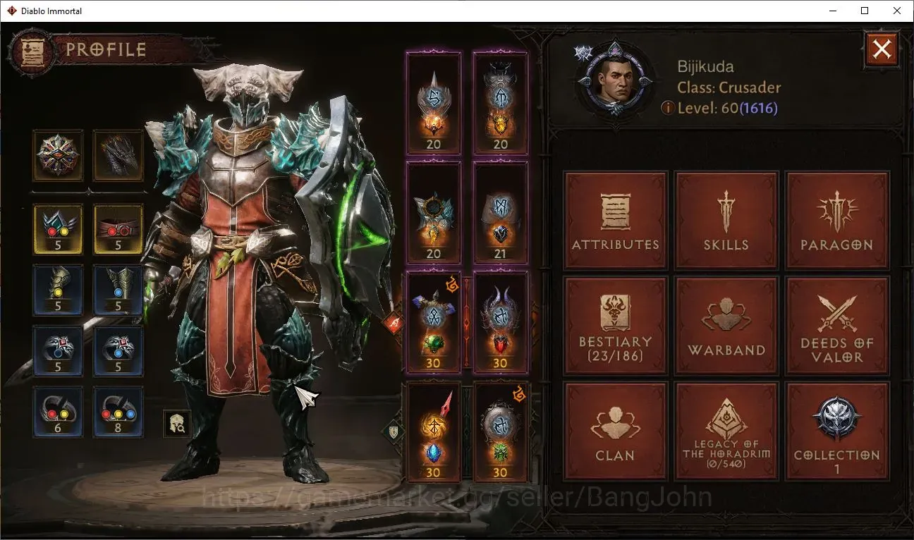 Diablo Immortal Accounts High-End EU-Kesor | Lv.60 (1645)Crusader-Vanquiser | CR 61174 | Reso 480 | Inferno XIV|3 Familiar 1