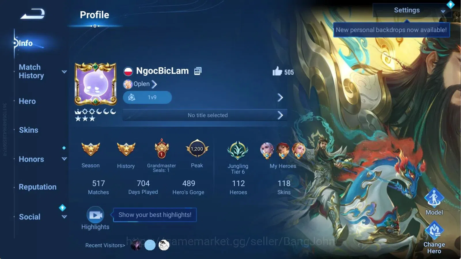 Honor of Kings Accounts Global | 112H 118S | Legend Lady Sun, Limited Yuhu image 1