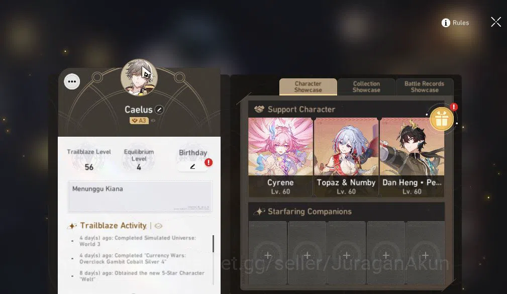 Honkai Star Rail Accounts Mid Game Asia|TL 56|6 Limited|Cyrene+Sign,Saber,Aglaea,Dant,Topaz,Archer|MC Male|Xianzhou 2
