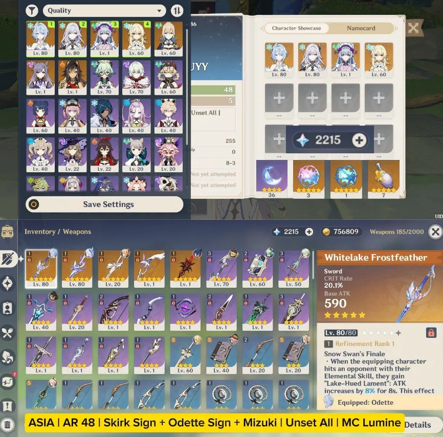 Genshin Impact Accounts Mid Game ASIA | AR 48 | Skirk Sign + Odette Sign + Mizuki | Unset All | MC Lumine 1